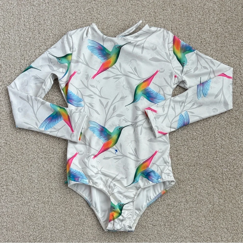 Kids Long Sleeve Swimwear with Colorful Hummingbird Print - White